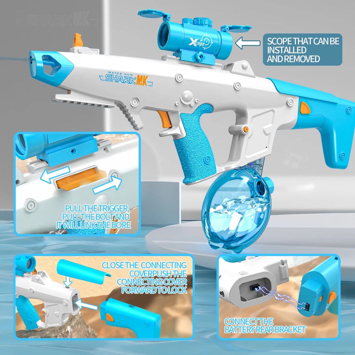 Pistola de Agua Eléctrica Self-Prime 810ml/8-10m, 40Min Cont. & Spray de 50 minutos, carga USB con alcance + tambor para piscina/playa para niños/adultos