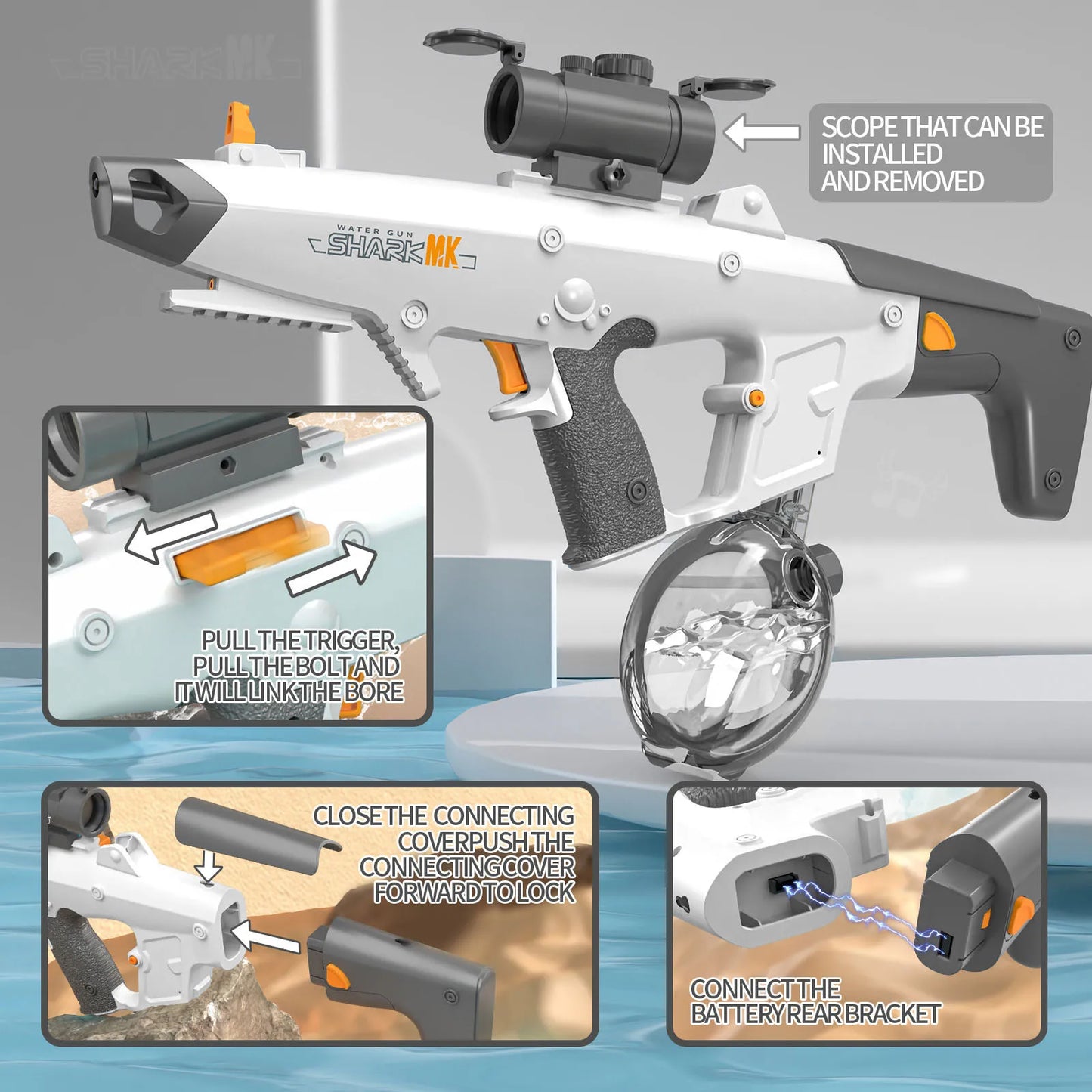 Pistola de Agua Eléctrica Self-Prime 810ml/8-10m, 40Min Cont. & Spray de 50 minutos, carga USB con alcance + tambor para piscina/playa para niños/adultos