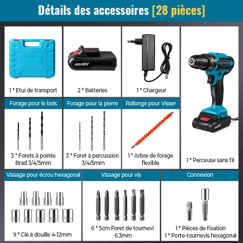 Taladro de impacto inalámbrico, destornillador multifuncional, batería de litio recargable, herramienta eléctrica de velocidad de 1350rpm, 28V