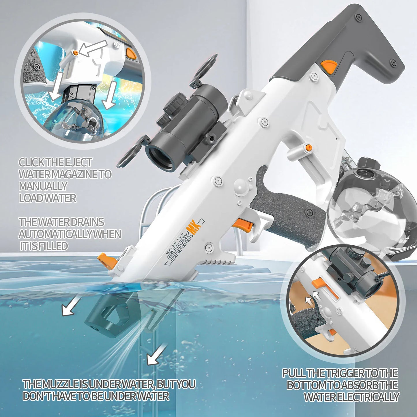 Pistola de Agua Eléctrica Self-Prime 810ml/8-10m, 40Min Cont. & Spray de 50 minutos, carga USB con alcance + tambor para piscina/playa para niños/adultos