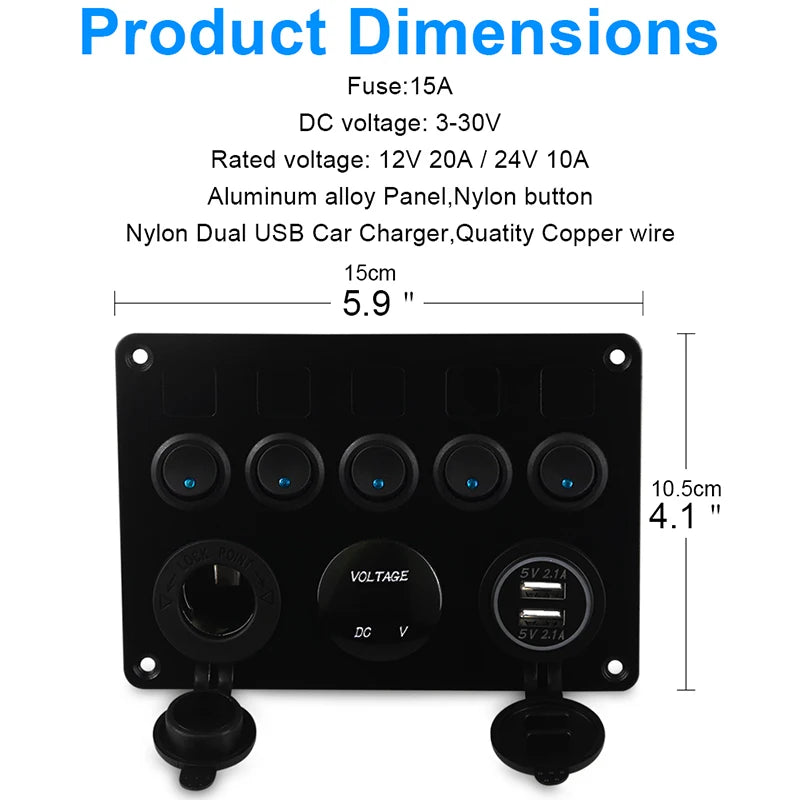 Panel de interruptor de 5 entradas para barco, circuito Led impermeable con voltímetro, Cargador Usb Dual, 12v y 24v