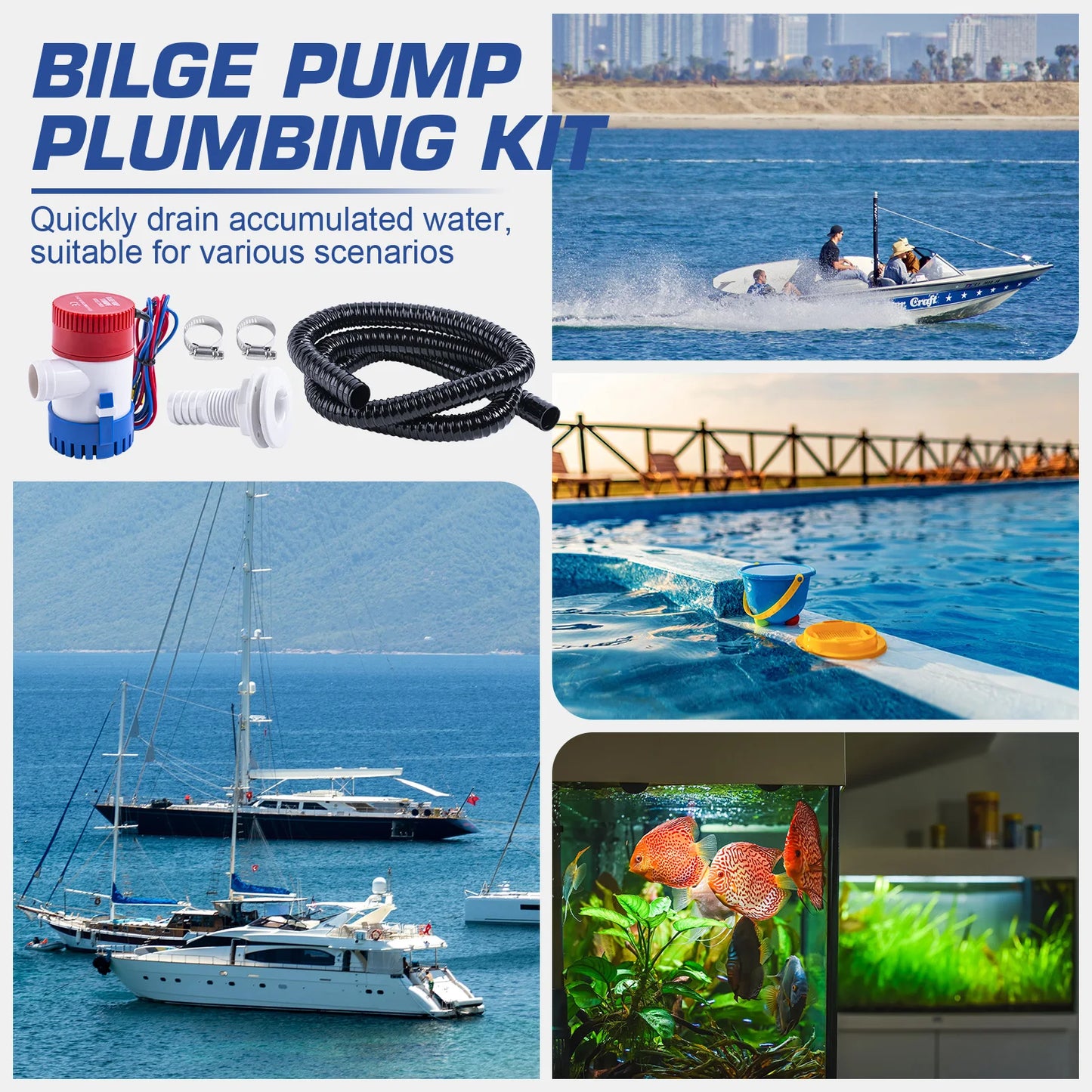 Bomba de sentina Goture 1100GPH, bomba de agua de sentina eléctrica de 12V para barco, Kit de plomería de bomba de sentina marina de poco ruido de 1-1/8 pulgadas con drenaje