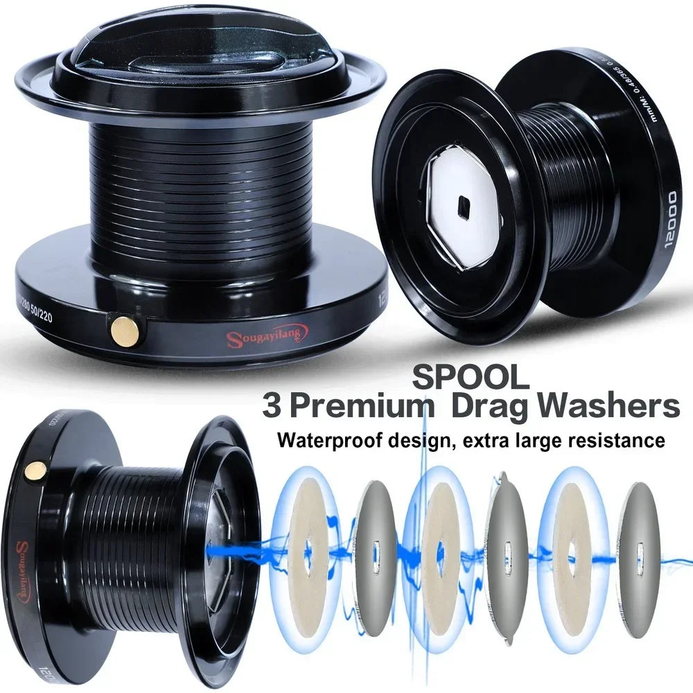 Carrete giratorio de metal SOUGAYLANG completo 9000‑12000 para pesca de mar, jigging y trolling de largo alcance