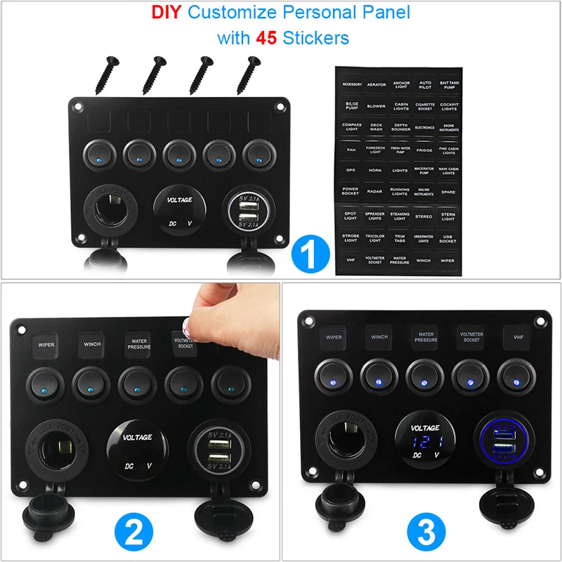 Panel de interruptor de 5 entradas para barco, circuito Led impermeable con voltímetro, Cargador Usb Dual, 12v y 24v