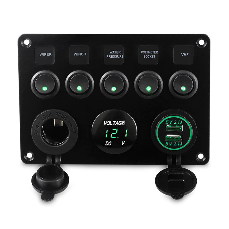 Panel de interruptor de 5 entradas para barco, circuito Led impermeable con voltímetro, Cargador Usb Dual, 12v y 24v