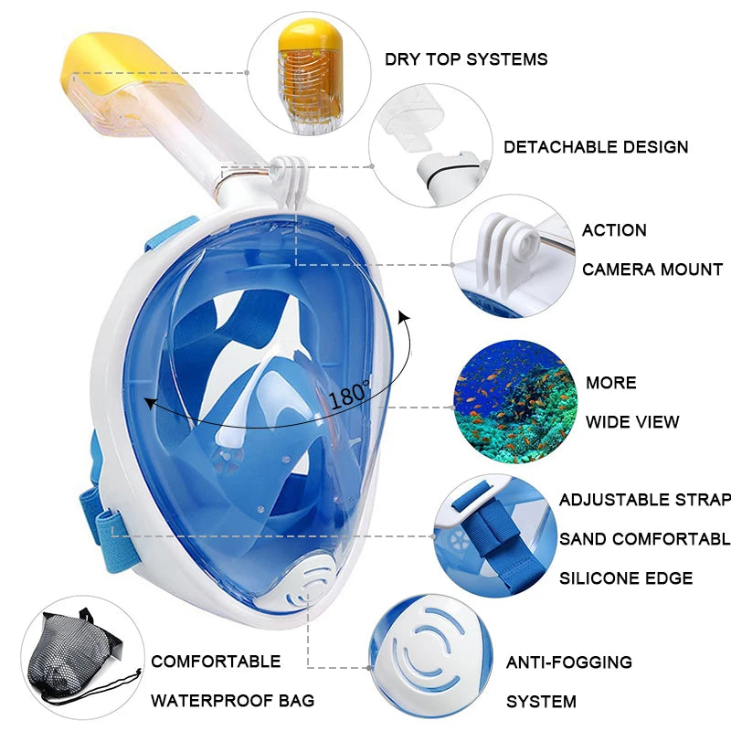 Máscara de buceo profesional para esnórquel, máscara de snorkel de cara completa subacuática, gafas antiniebla para niños y adultos, equipo de natación