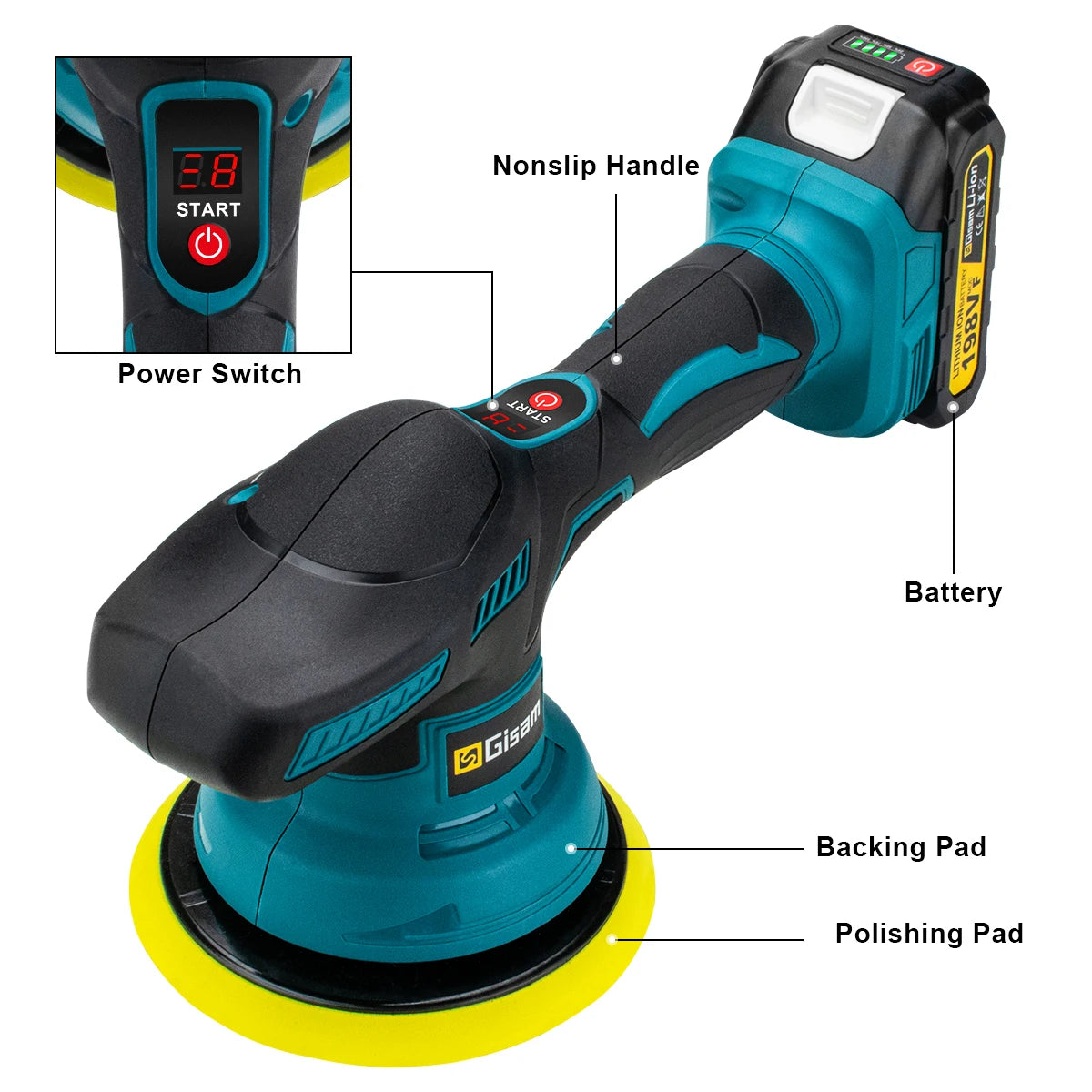 Gami-pulidor de coche inalámbrico, 8 engranajes, ajustable, eléctrico, encerado, lijado, sellado, herramienta eléctrica compatible con Pin de batería Makita de 18v