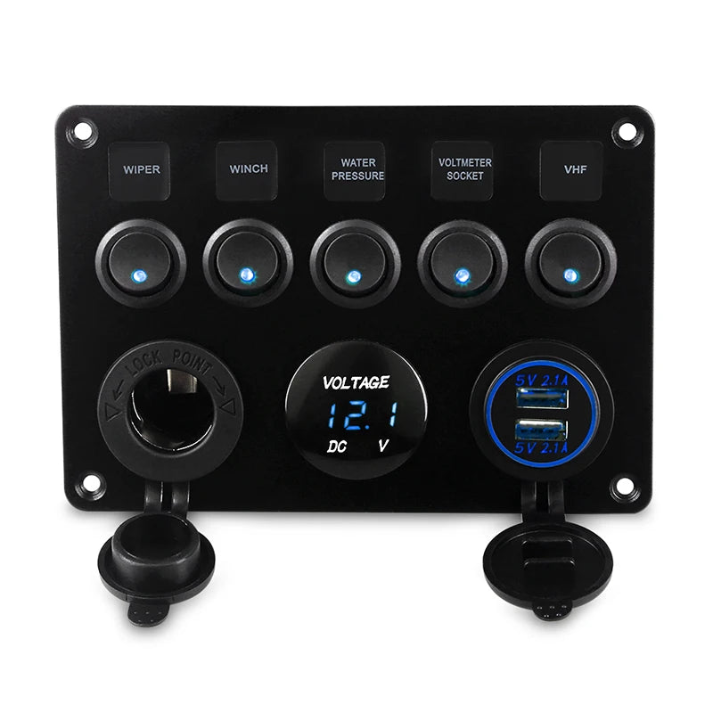 Panel de interruptor de 5 entradas para barco, circuito Led impermeable con voltímetro, Cargador Usb Dual, 12v y 24v