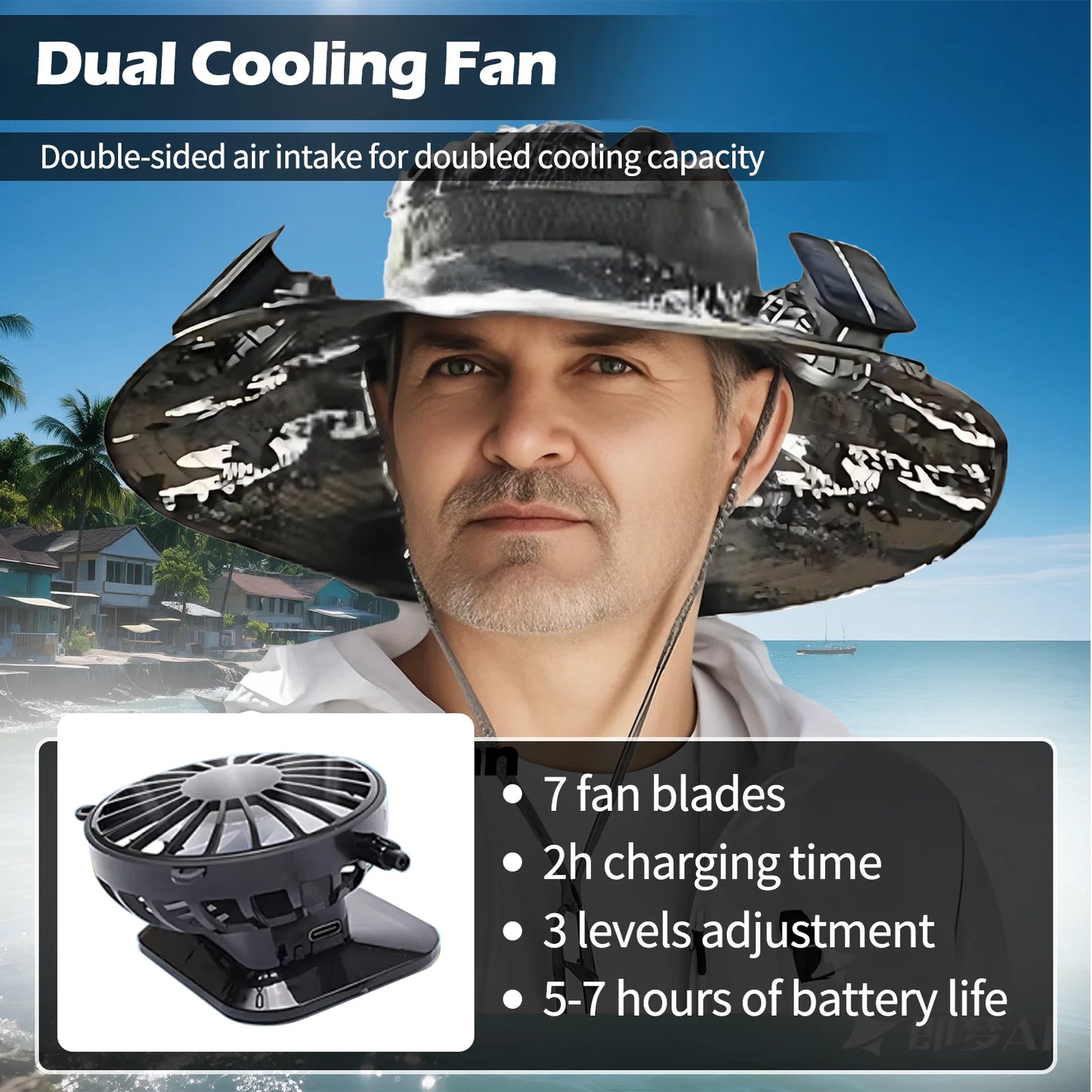 🎣 Sombrero de sol de ala ancha con ventiladores solares 2‑en‑1