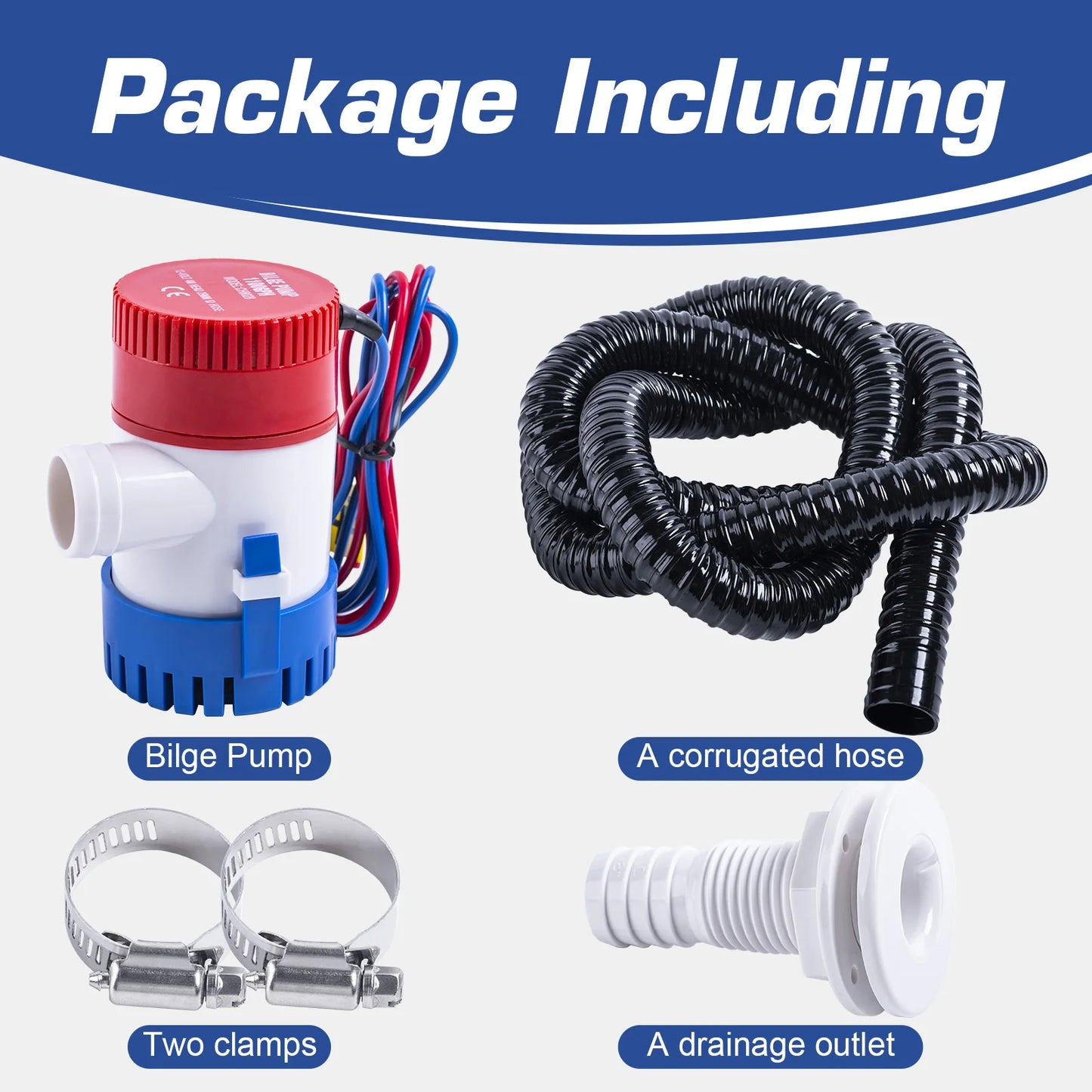 Bomba de sentina Goture 1100GPH, bomba de agua de sentina eléctrica de 12V para barco, Kit de plomería de bomba de sentina marina de poco ruido de 1-1/8 pulgadas con drenaje