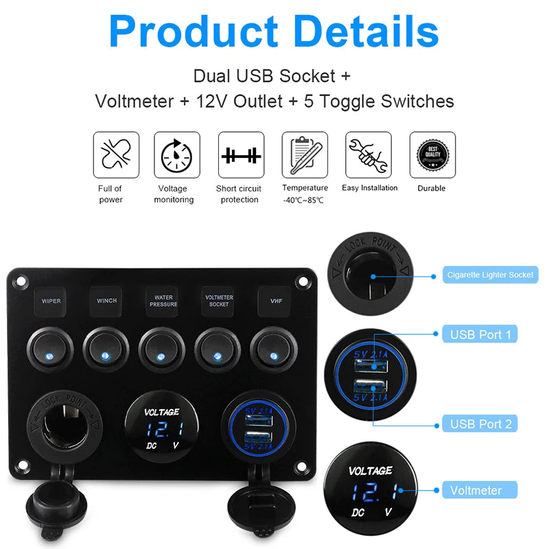 Panel de interruptor de 5 entradas para barco, circuito Led impermeable con voltímetro, Cargador Usb Dual, 12v y 24v