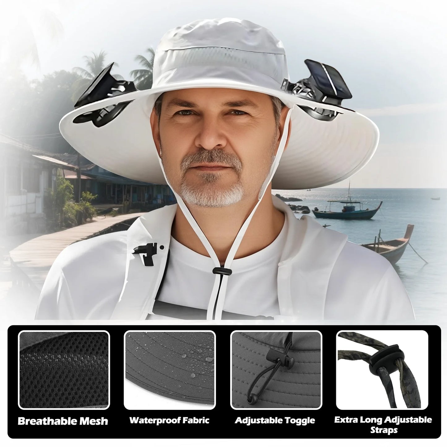 🎣 Sombrero de sol de ala ancha con ventiladores solares 2‑en‑1
