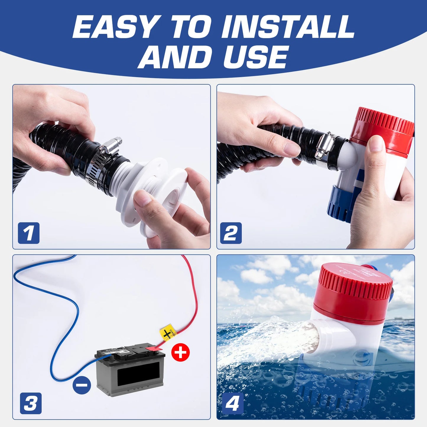Bomba de sentina Goture 1100GPH, bomba de agua de sentina eléctrica de 12V para barco, Kit de plomería de bomba de sentina marina de poco ruido de 1-1/8 pulgadas con drenaje