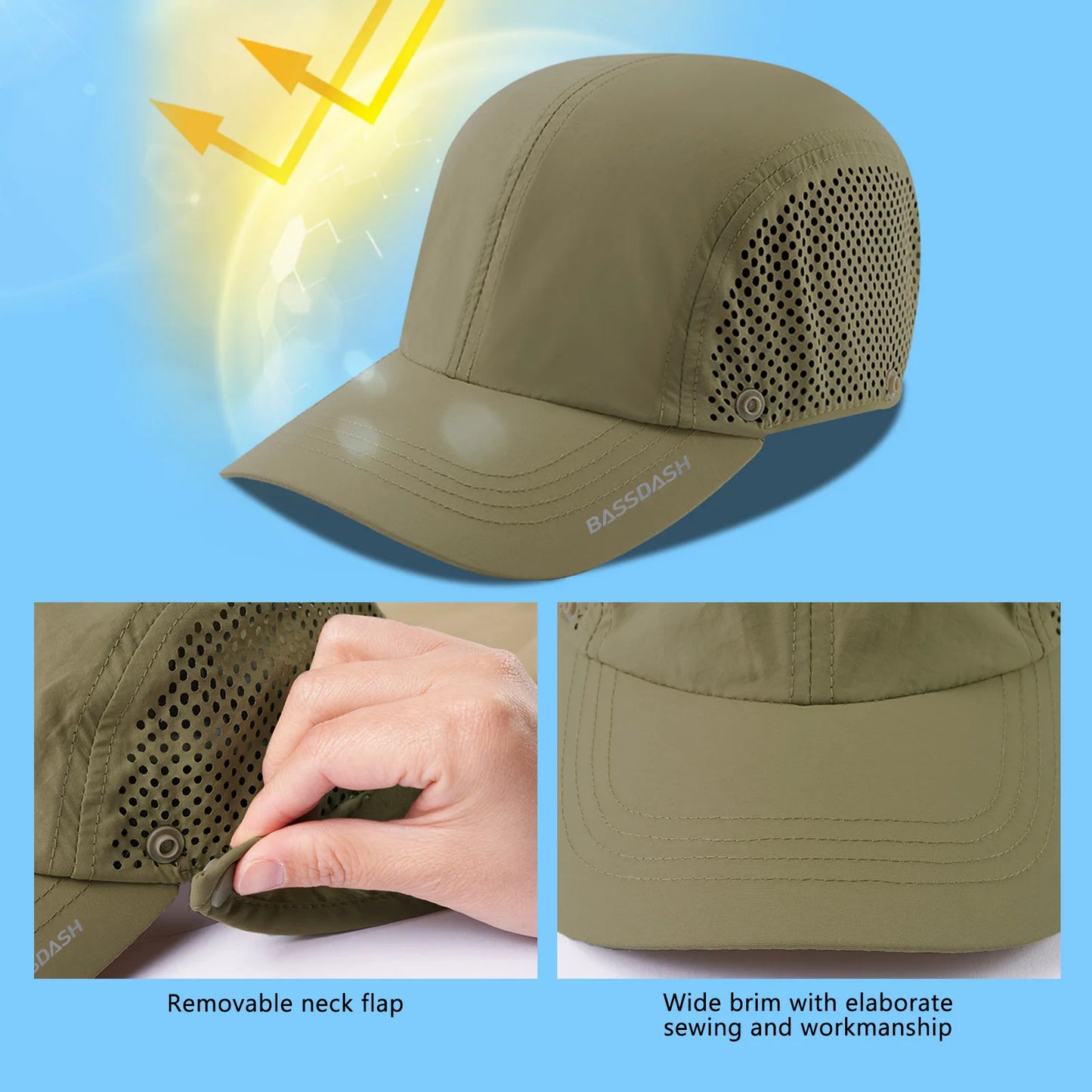 Sombrero de pesca BASSDASH plegable UPF 50+ con solapa desmontable