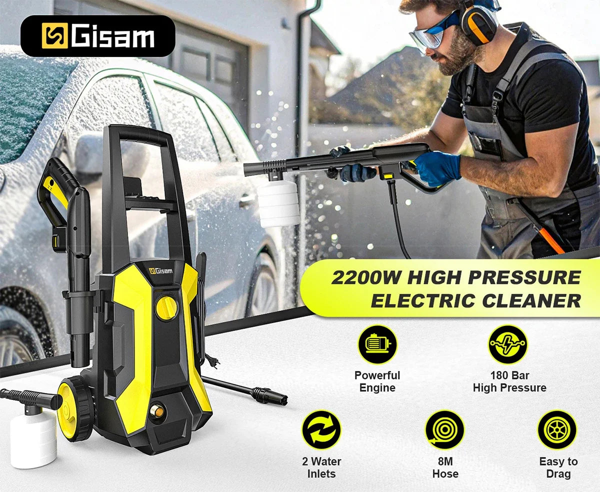 Gismis 180Bar 2200W Lavadora eléctrica de alta presión Pistola de lavado de autos Pistola pulverizadora de lavado de agua para lavado de jardín 180 ° Boquilla ajustable