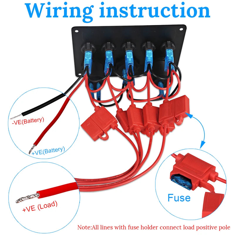 Panel de interruptor de 5 entradas para barco, circuito Led impermeable con voltímetro, Cargador Usb Dual, 12v y 24v