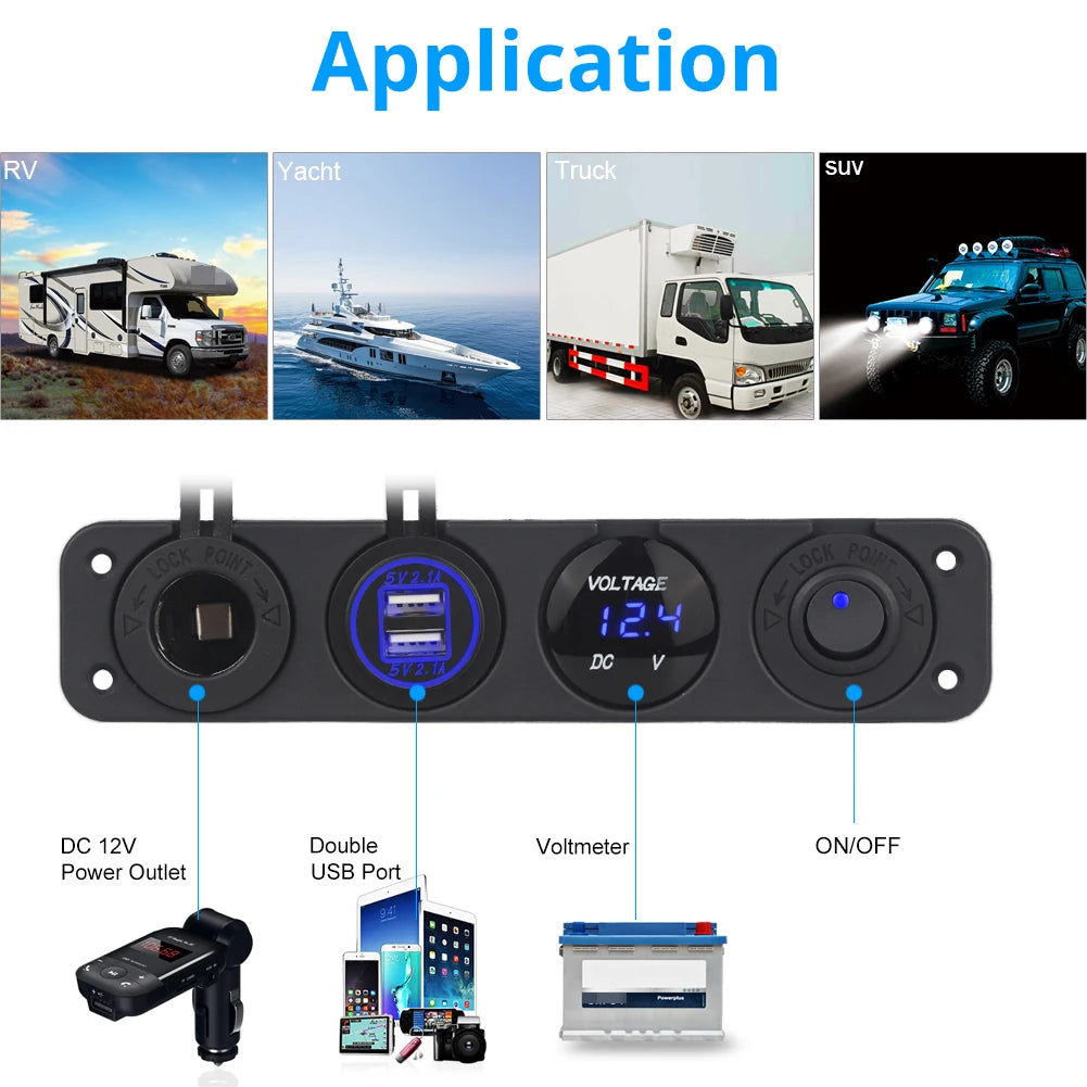Panel de interruptor de 5 entradas para barco, circuito Led impermeable con voltímetro, Cargador Usb Dual, 12v y 24v