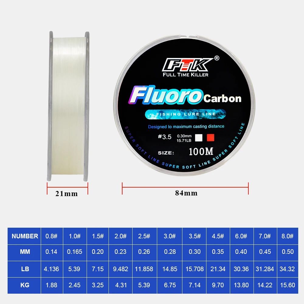 Línea de pesca con revestimiento de fluorocarbono FTK, 100M, 0,14mm-0,5mm, 4,13LB-34,32LB, monofilamento de fibra de carbono