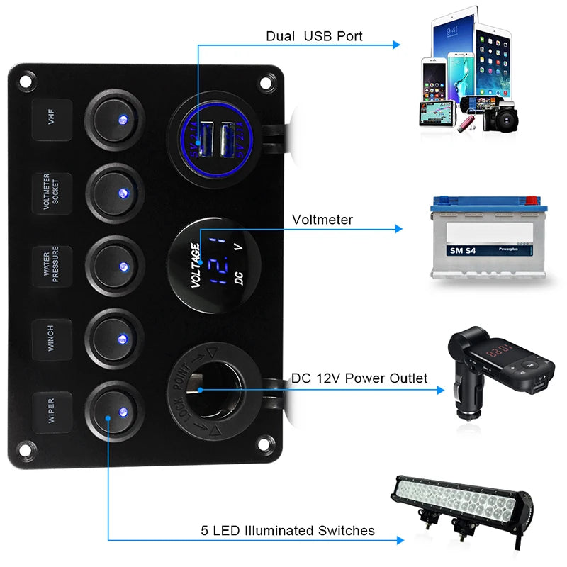 Panel de interruptor de 5 entradas para barco, circuito Led impermeable con voltímetro, Cargador Usb Dual, 12v y 24v