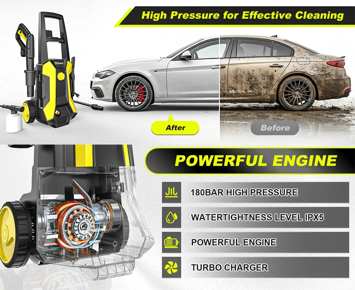 Gismis 180Bar 2200W Lavadora eléctrica de alta presión Pistola de lavado de autos Pistola pulverizadora de lavado de agua para lavado de jardín 180 ° Boquilla ajustable