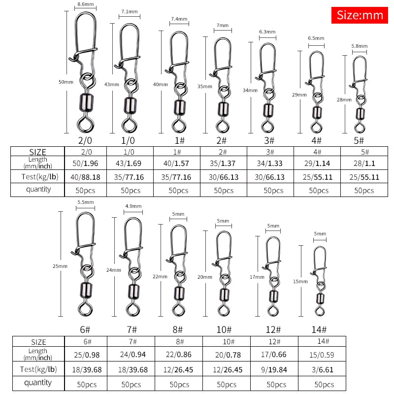 Pin conector de rodamiento giratorio de acero inoxidable MEREDITH, anzuelo a presión, señuelo, aparejos giratorios, 50 piezas