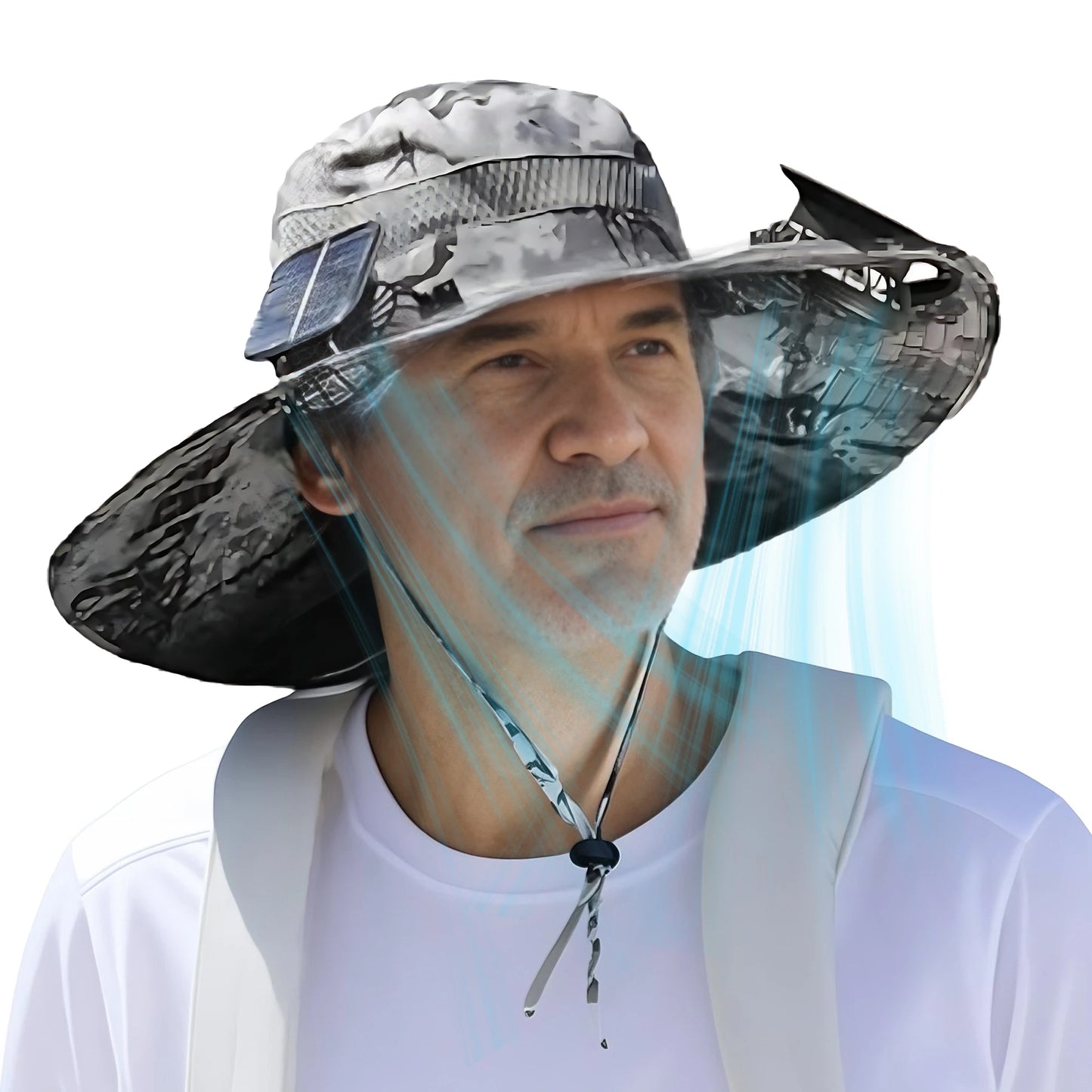 🎣 Sombrero de sol de ala ancha con ventiladores solares 2‑en‑1