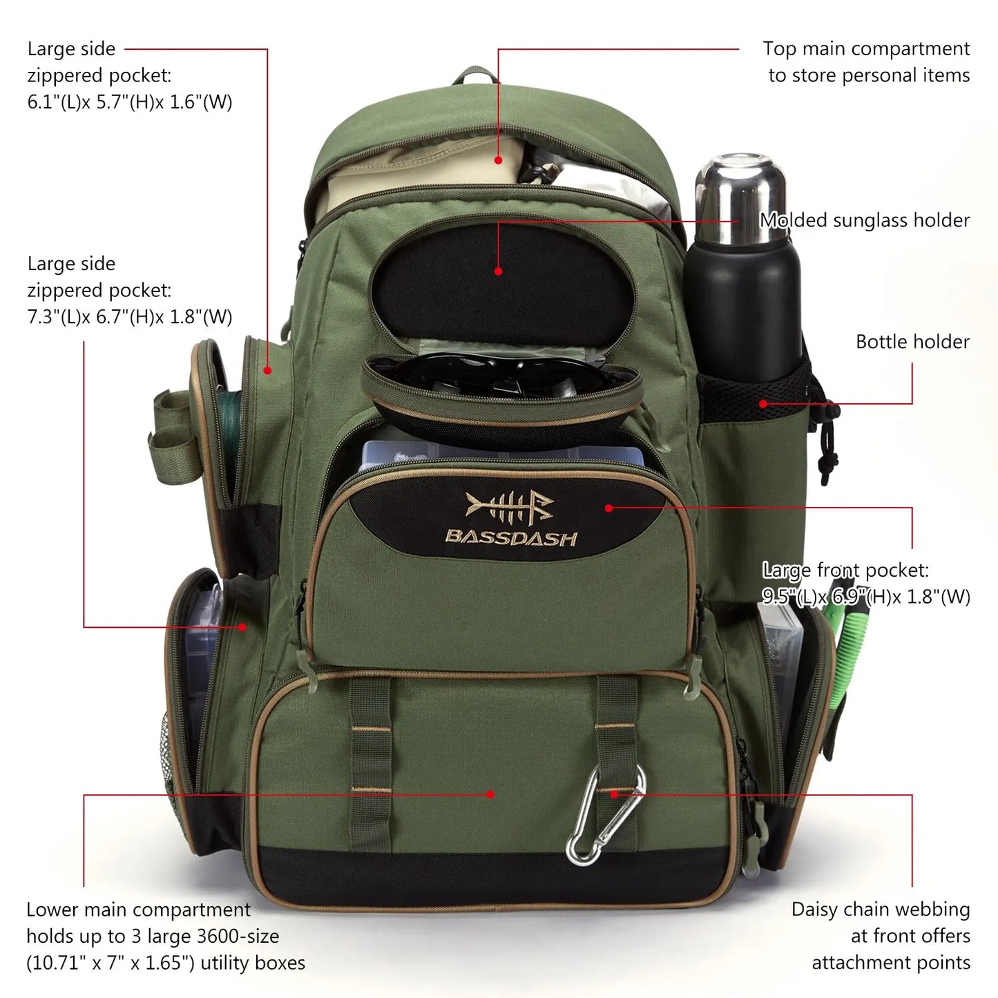 Mochila de pesca táctica multifuncional BASSDASH, mochila ligera para almacenamiento y movilidad
