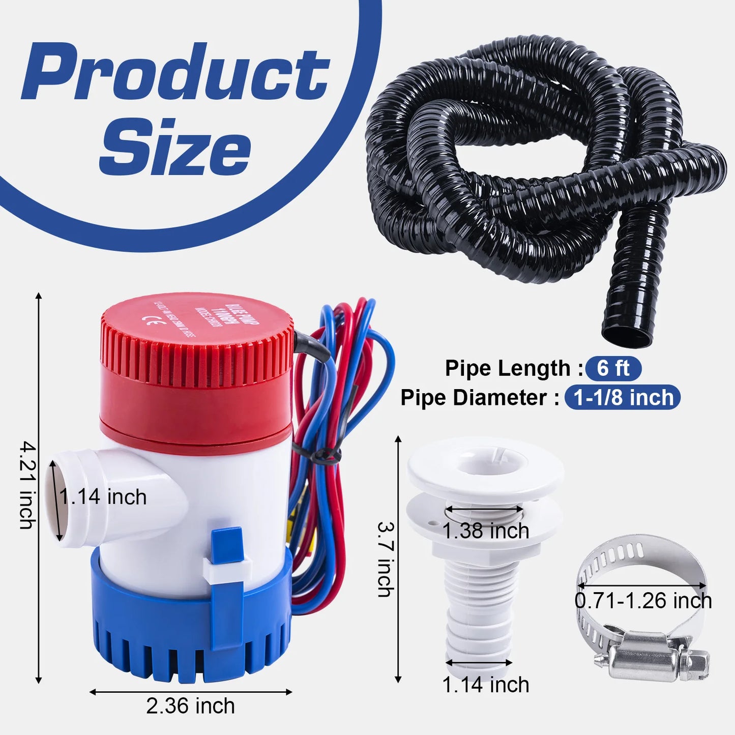 Bomba de sentina Goture 1100GPH, bomba de agua de sentina eléctrica de 12V para barco, Kit de plomería de bomba de sentina marina de poco ruido de 1-1/8 pulgadas con drenaje