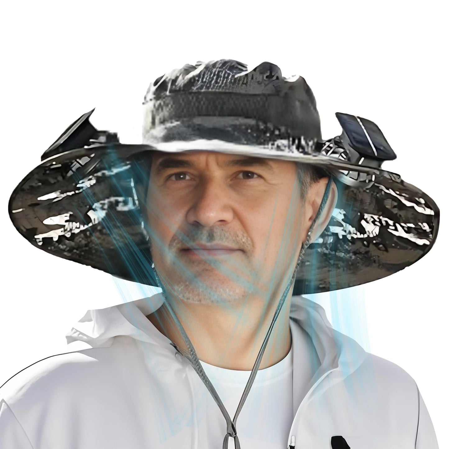 🎣 Sombrero de sol de ala ancha con ventiladores solares 2‑en‑1