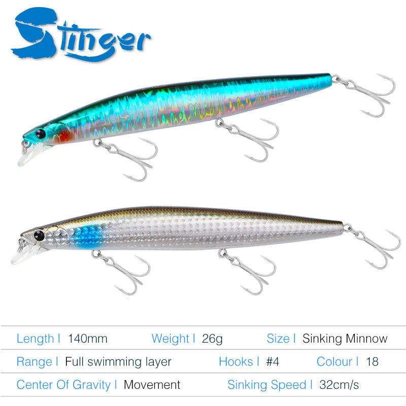 Señuelo de pesca TSURINOYA Stinger 140S, pececillo hundido DW92 140mm 26g, lubina de agua salada
