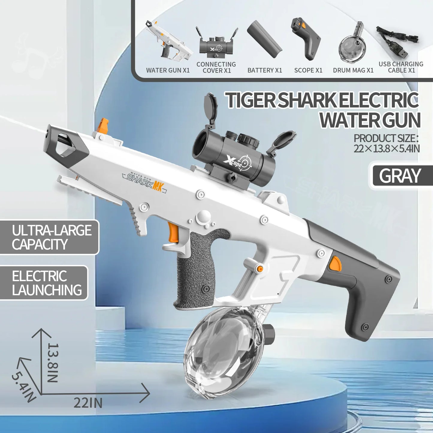 Pistola de Agua Eléctrica Self-Prime 810ml/8-10m, 40Min Cont. & Spray de 50 minutos, carga USB con alcance + tambor para piscina/playa para niños/adultos