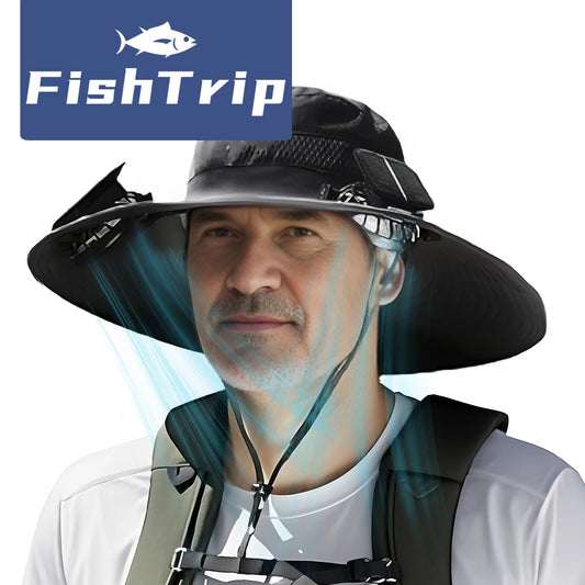 🎣 Sombrero de sol de ala ancha con ventiladores solares 2‑en‑1