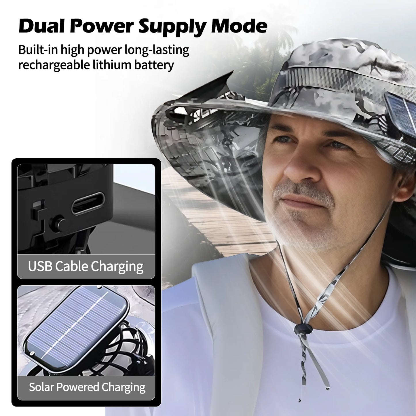 🎣 Sombrero de sol de ala ancha con ventiladores solares 2‑en‑1
