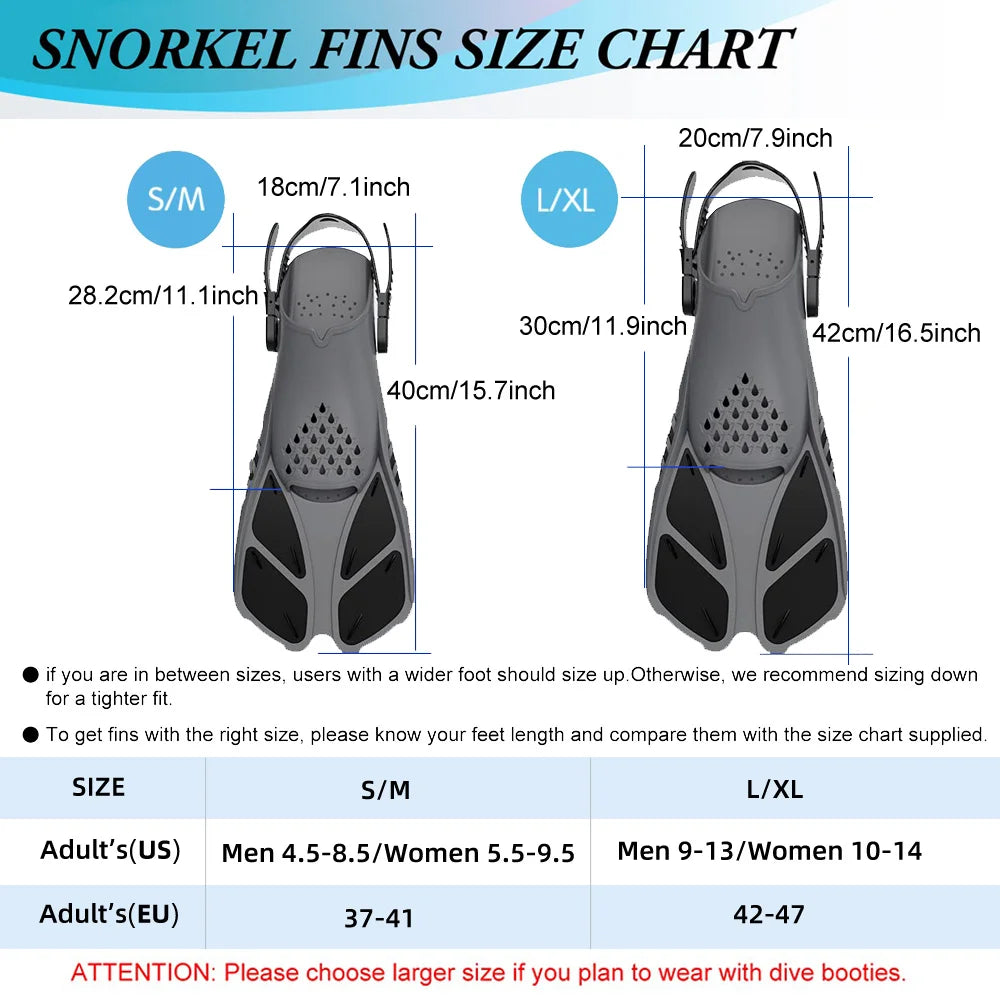 Aletas de snorkel ajustables de talón abierto – Silicona adultos viaje