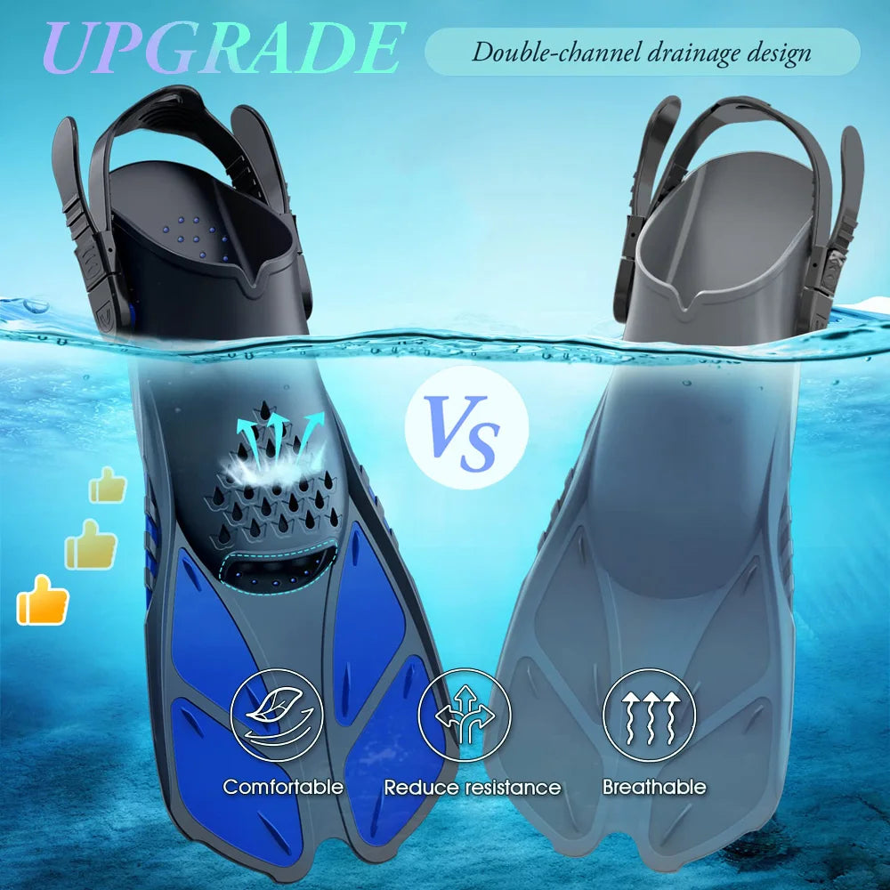 Aletas de snorkel ajustables de talón abierto – Silicona adultos viaje