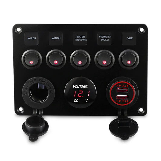 Panel de interruptor de 5 entradas para barco, circuito Led impermeable con voltímetro, Cargador Usb Dual, 12v y 24v