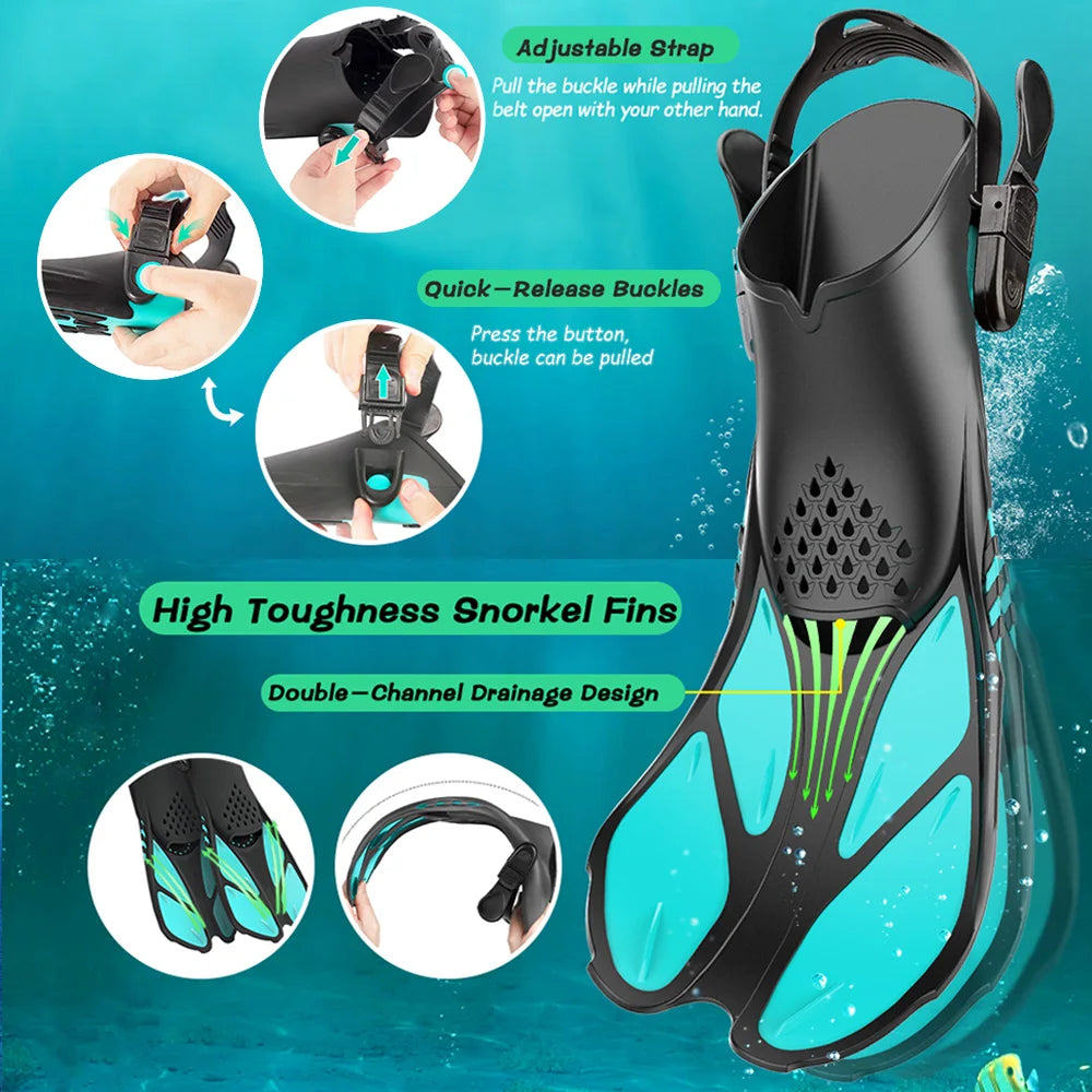 Aletas de snorkel ajustables de talón abierto – Silicona adultos viaje