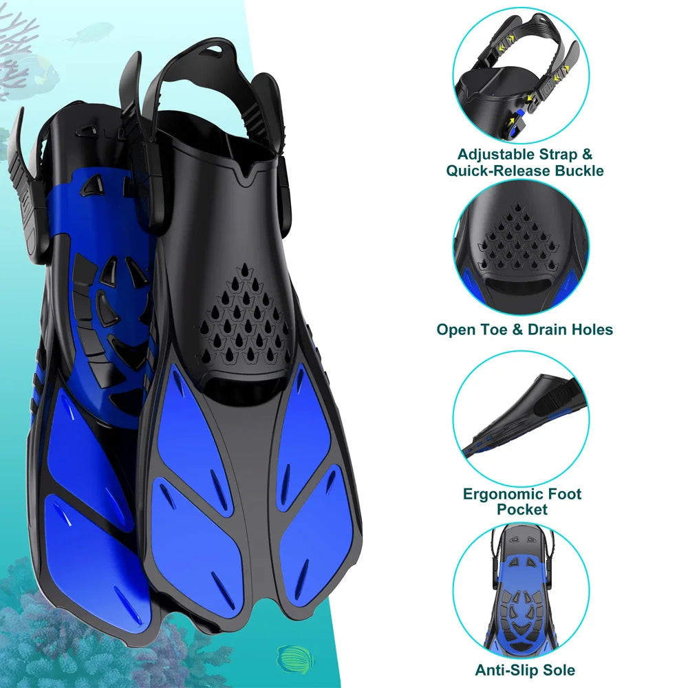 Aletas de snorkel ajustables de talón abierto – Silicona adultos viaje